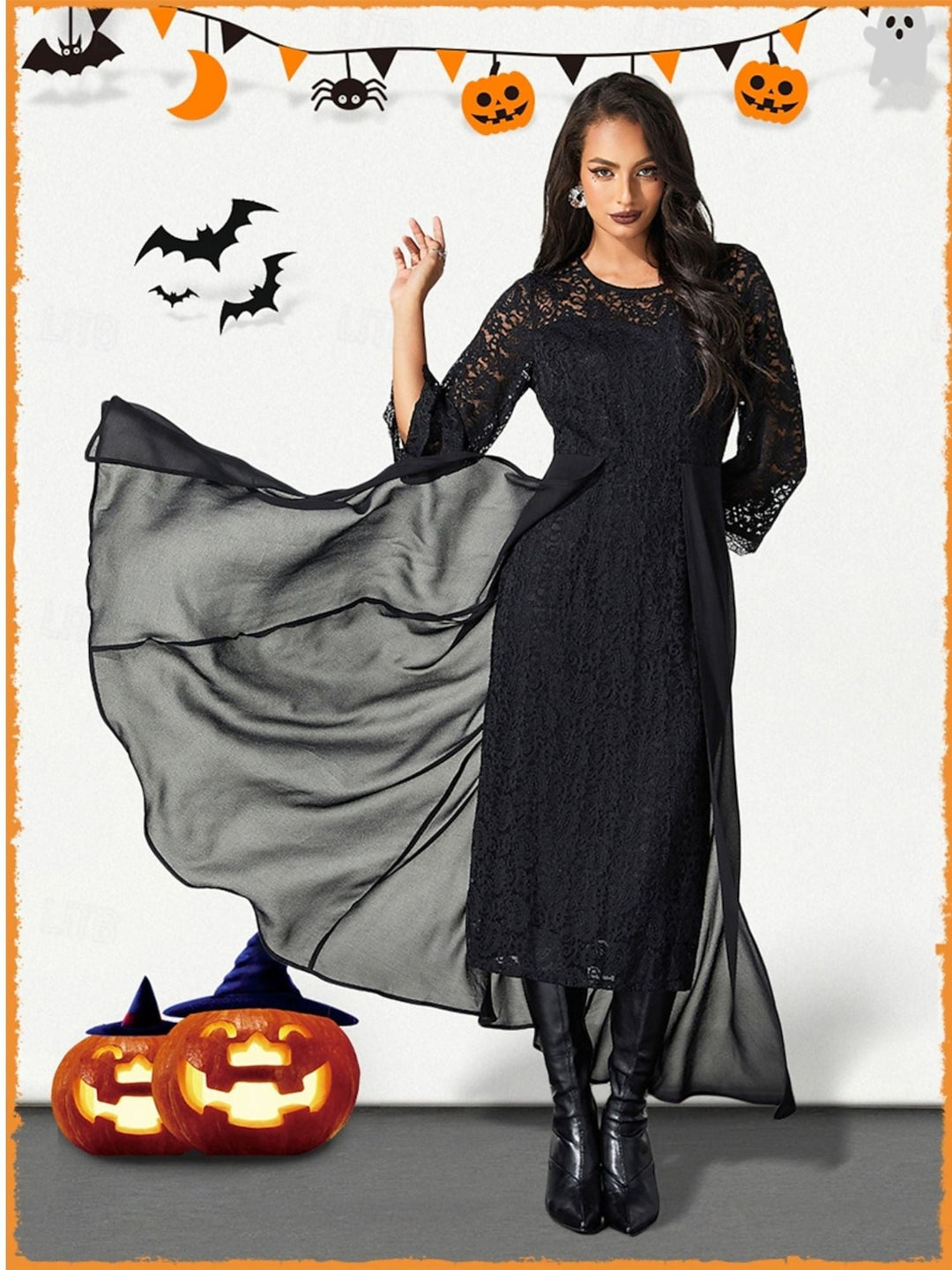 Robe Trapèze/Princesse Noire en Dentelle avec Appliques, Col Rond, Manches Longues, Longueur Cheville, Costume de Spectacle D'Halloween