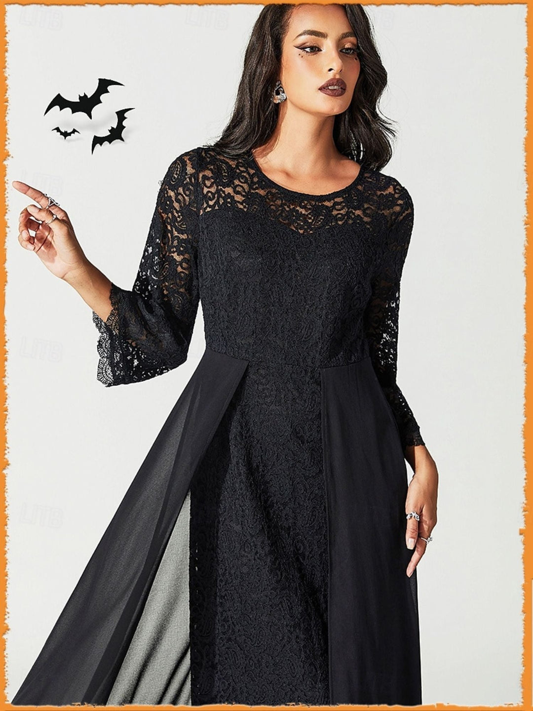 Robe Trapèze/Princesse Noire en Dentelle avec Appliques, Col Rond, Manches Longues, Longueur Cheville, Costume de Spectacle D'Halloween