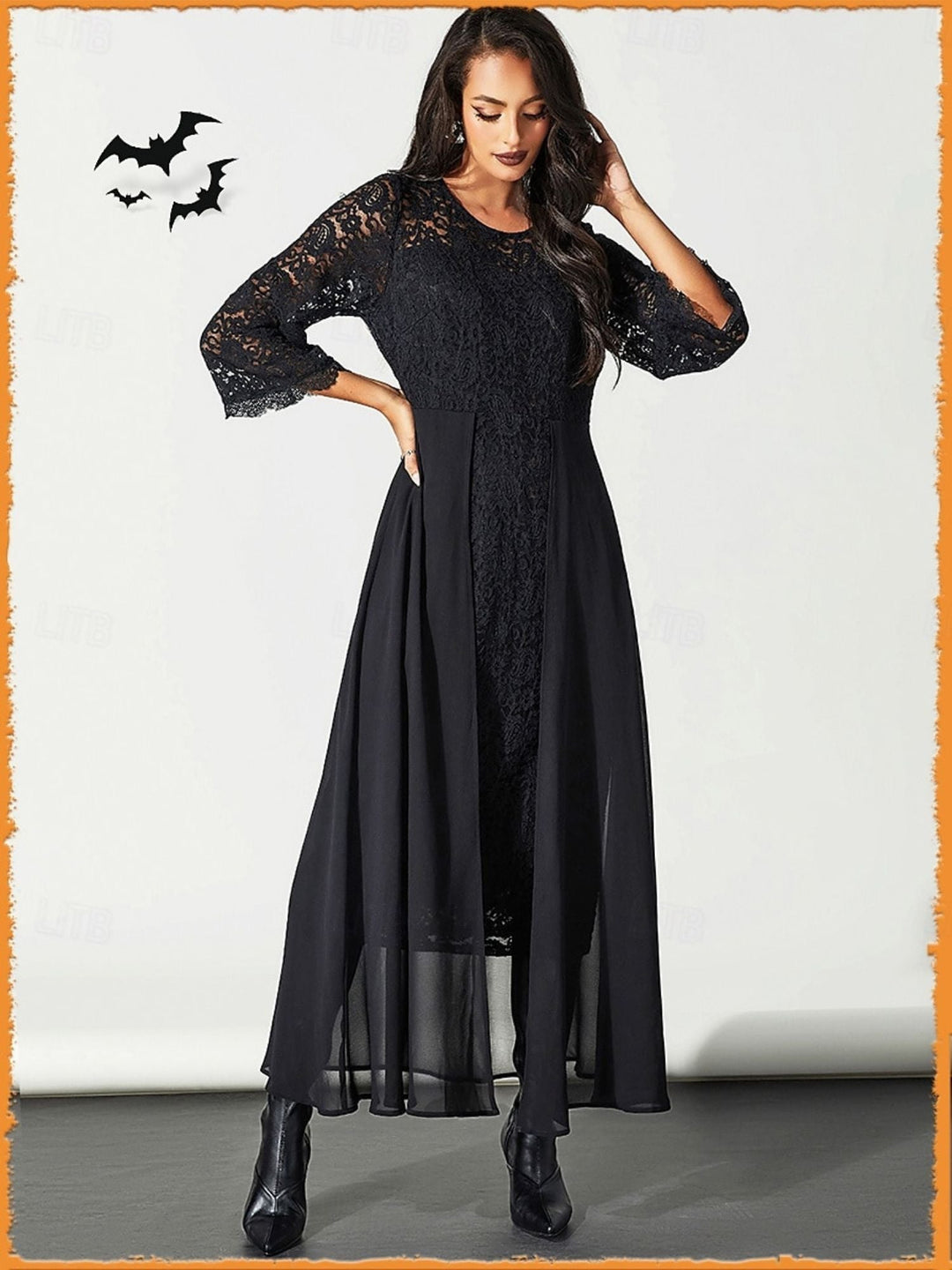 Robe Trapèze/Princesse Noire en Dentelle avec Appliques, Col Rond, Manches Longues, Longueur Cheville, Costume de Spectacle D'Halloween