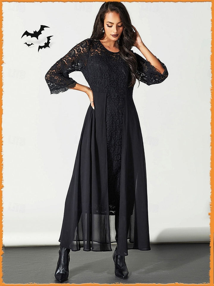 Robe Trapèze/Princesse Noire en Dentelle avec Appliques, Col Rond, Manches Longues, Longueur Cheville, Costume de Spectacle D'Halloween