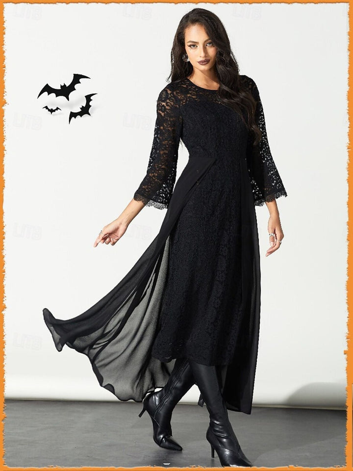 Robe Trapèze/Princesse Noire en Dentelle avec Appliques, Col Rond, Manches Longues, Longueur Cheville, Costume de Spectacle D'Halloween