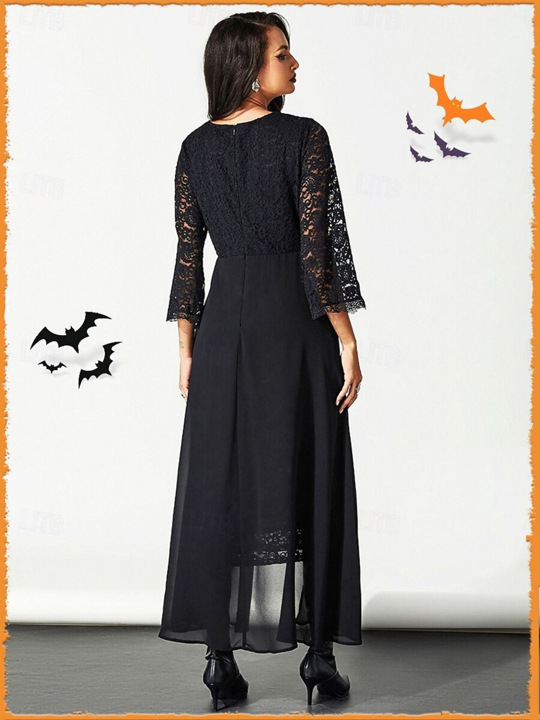 Robe Trapèze/Princesse Noire en Dentelle avec Appliques, Col Rond, Manches Longues, Longueur Cheville, Costume de Spectacle D'Halloween