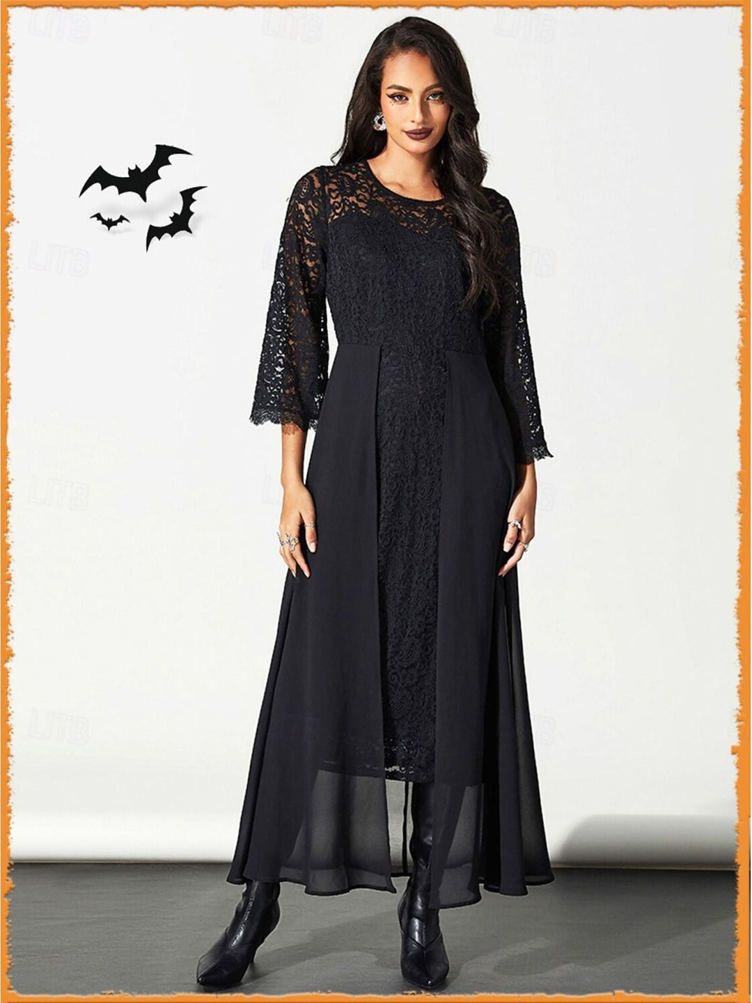 Robe Trapèze/Princesse Noire en Dentelle avec Appliques, Col Rond, Manches Longues, Longueur Cheville, Costume de Spectacle D'Halloween