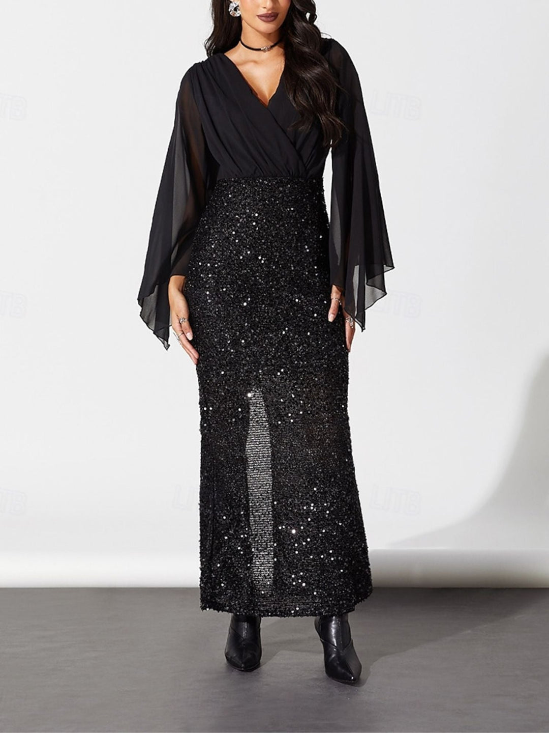 Robe Fourreau/Colonne Noire à Col en V et Manches Longues, Longueur Cheville, Paillettes, Costumes de Spectacle D'Halloween