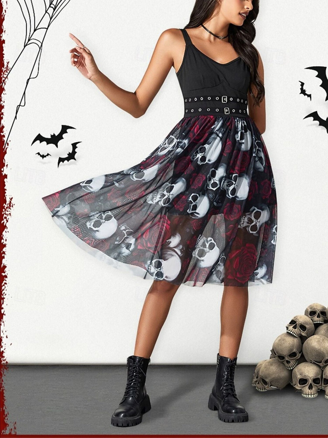 Robe Trapèze/Princesse à Col en V et Manches Longues avec Bretelles et Motif Tête de Mort et Rose pour Halloween