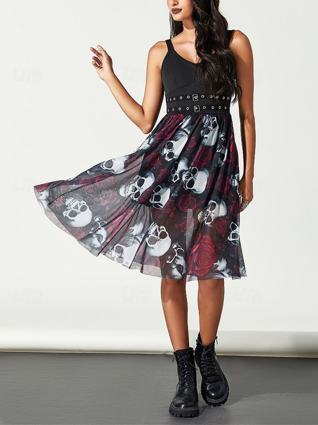 Robe Trapèze/Princesse à Col en V et Manches Longues avec Bretelles et Motif Tête de Mort et Rose pour Halloween