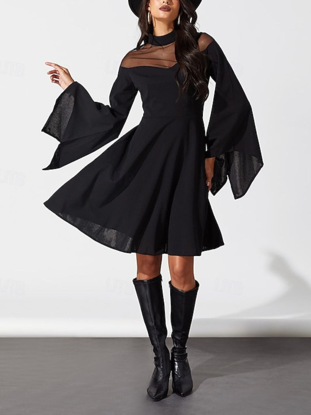 Robe Trapèze/Princesse Unie à Col Haut et Manches Longues Au Genou, Tenue Vintage de Spectacle D'Halloween