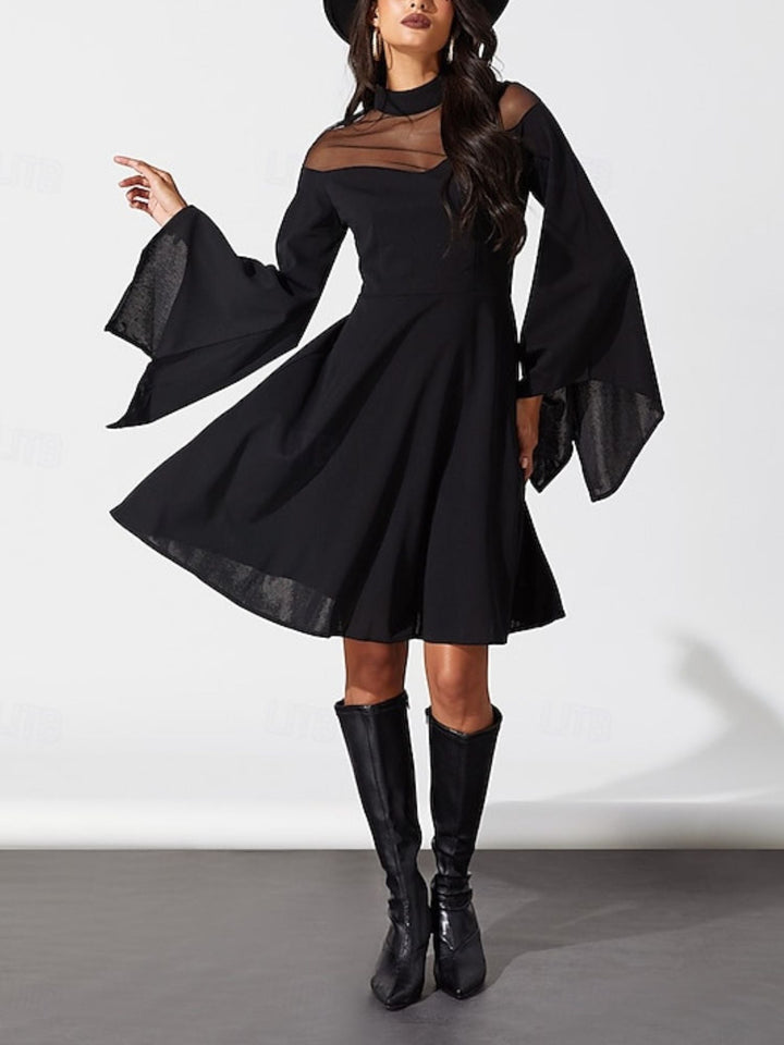 Robe Trapèze/Princesse Unie à Col Haut et Manches Longues Au Genou, Tenue Vintage de Spectacle D'Halloween