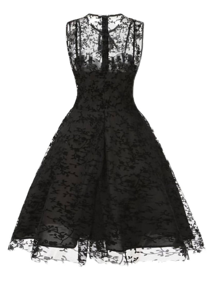 Robe Trapèze/Princesse Rétro avec Appliques en Dentelle, Col Ras Du Cou, Sans Manches, Longueur Genou, Costume de Spectacle D'Halloween
