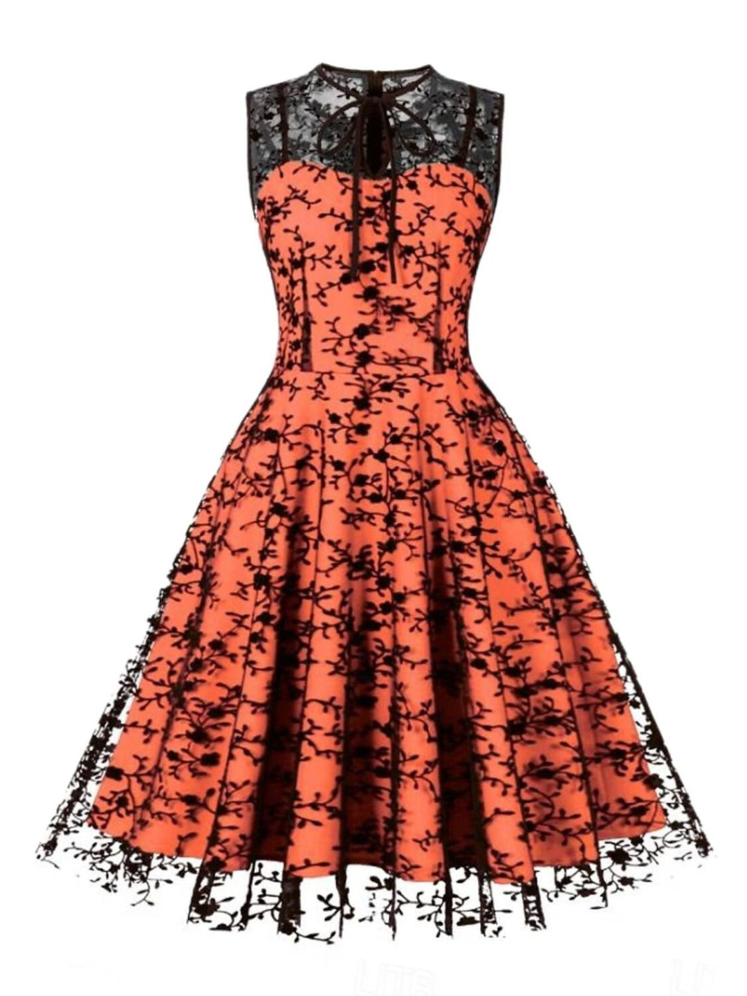 Robe Trapèze/Princesse Rétro avec Appliques en Dentelle, Col Ras Du Cou, Sans Manches, Longueur Genou, Costume de Spectacle D'Halloween