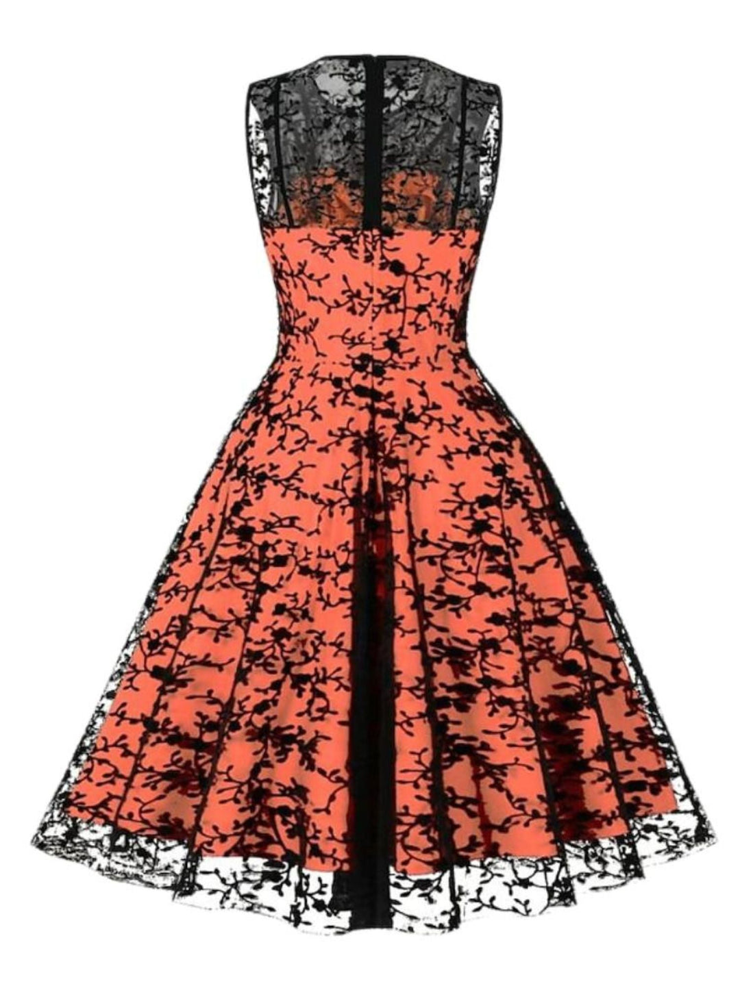 Robe Trapèze/Princesse Rétro avec Appliques en Dentelle, Col Ras Du Cou, Sans Manches, Longueur Genou, Costume de Spectacle D'Halloween