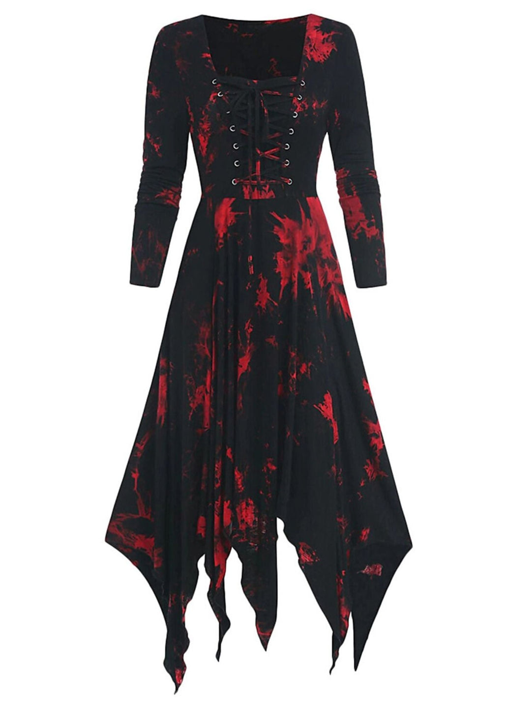 Robe Trapèze/Princesse Rétro Rouge à Col Carré et Manches 3/4 avec Cordon de Serrage Asymétrique et Imprimé pour Costumes de Spectacle D'Halloween