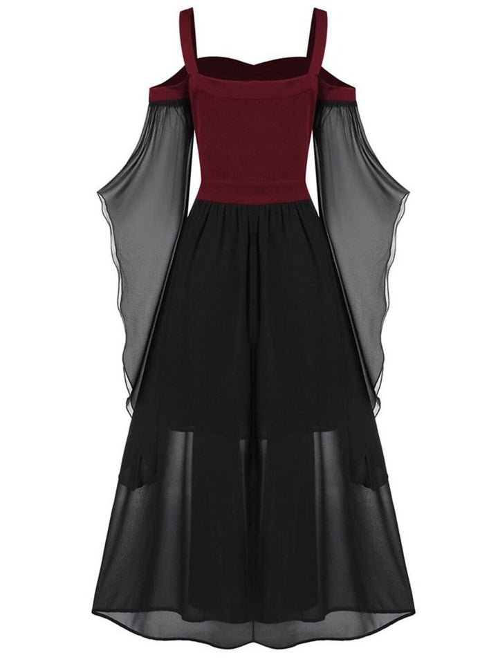 Robe Noire Trapèze/Princesse à Manches 3/4 et Col en Cœur, Longueur Genou, Style Rétro Gothique pour Halloween
