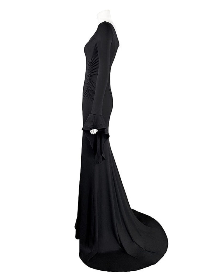 Robe de Costume de Performance D'Halloween Gothique Noire à Manches Longues et Col en V de Style Sirène/Trompette