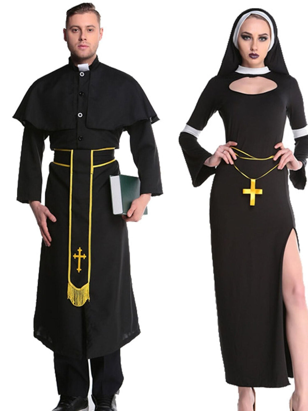 Couple Prêtre Nonne Couple Noir Doré Halloween Mascarade Costume Vintage