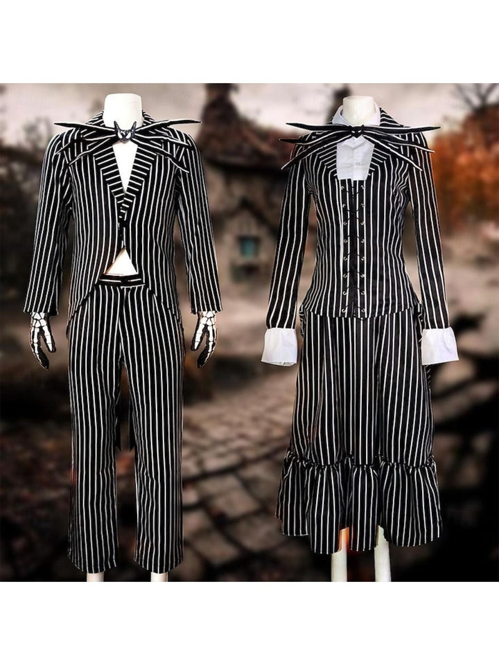 Costume de Mascarade Classique D'Halloween pour Couple avec Nœud Papillon et Chauve-Souris à Rayures Noires et Blanches