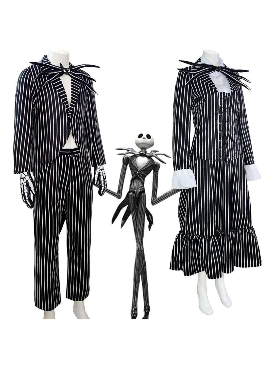 Costume de Mascarade Classique D'Halloween pour Couple avec Nœud Papillon et Chauve-Souris à Rayures Noires et Blanches