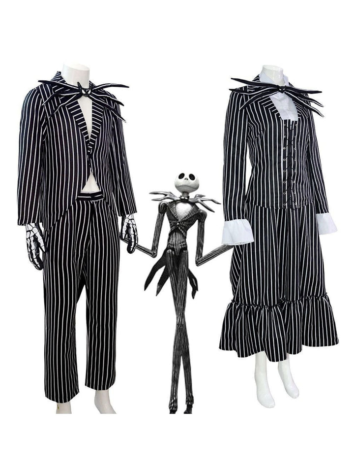 Costume de Mascarade Classique D'Halloween pour Couple avec Nœud Papillon et Chauve-Souris à Rayures Noires et Blanches