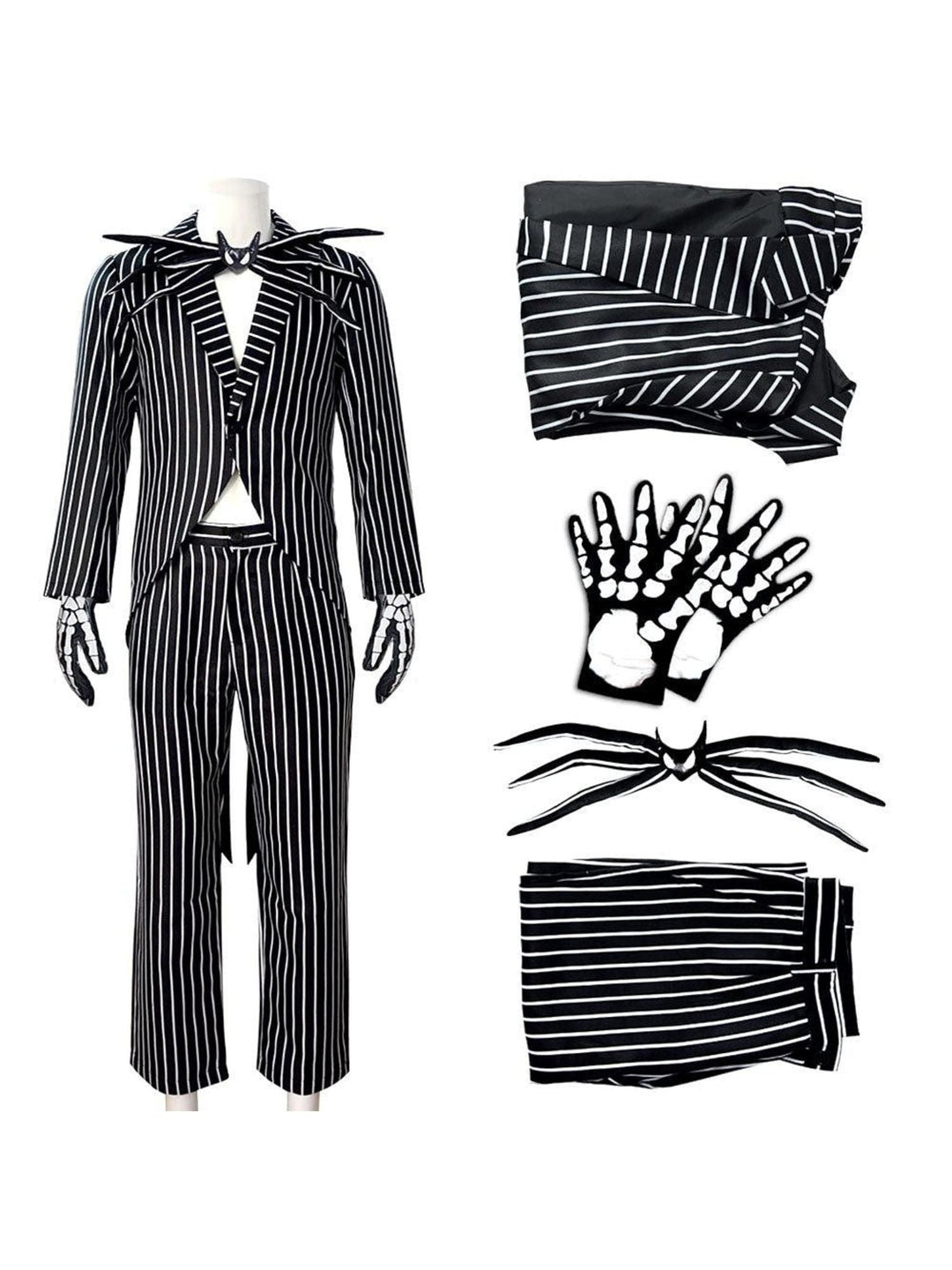 Costume de Mascarade Classique D'Halloween pour Couple avec Nœud Papillon et Chauve-Souris à Rayures Noires et Blanches