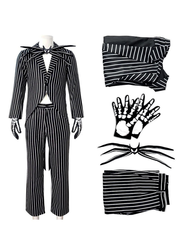 Costume de Mascarade Classique D'Halloween pour Couple avec Nœud Papillon et Chauve-Souris à Rayures Noires et Blanches
