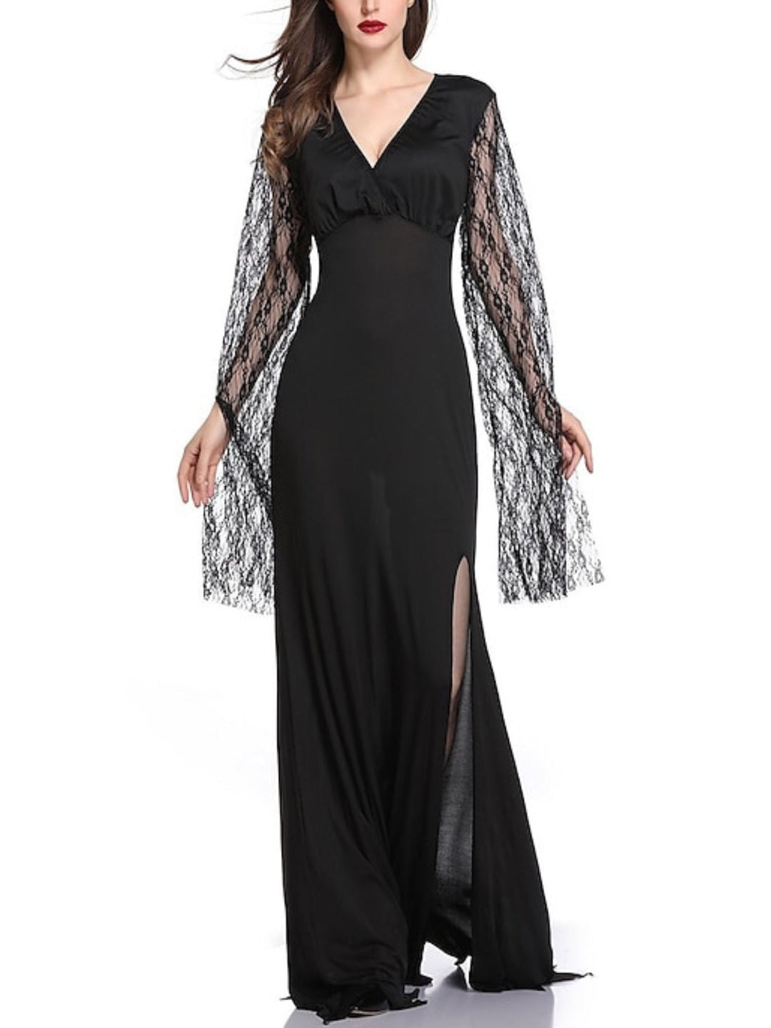 Robe de Costume D'Halloween Élégante Noire à Manches Longues et Col en V en Dentelle et à Col en V