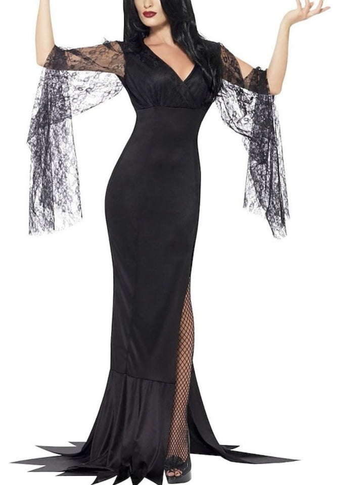 Robe de Costume D'Halloween Élégante Noire à Manches Longues et Col en V en Dentelle et à Col en V