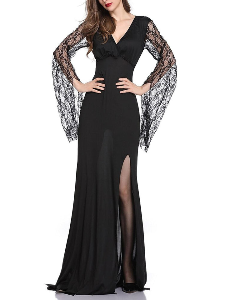 Robe de Costume D'Halloween Élégante Noire à Manches Longues et Col en V en Dentelle et à Col en V