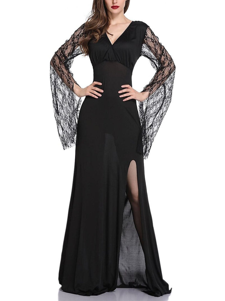 Robe de Costume D'Halloween Élégante Noire à Manches Longues et Col en V en Dentelle et à Col en V