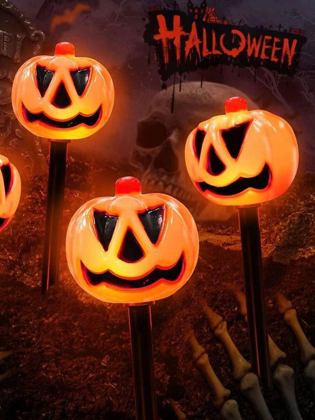 Lanterne Solaire de Décoration D'Horreur avec Tête de Mort et Citrouille pour Halloween