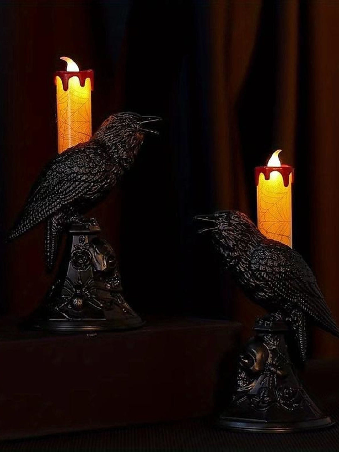 Bougie Décorative Électronique de Bureau en Forme de Corbeau Noir pour Halloween