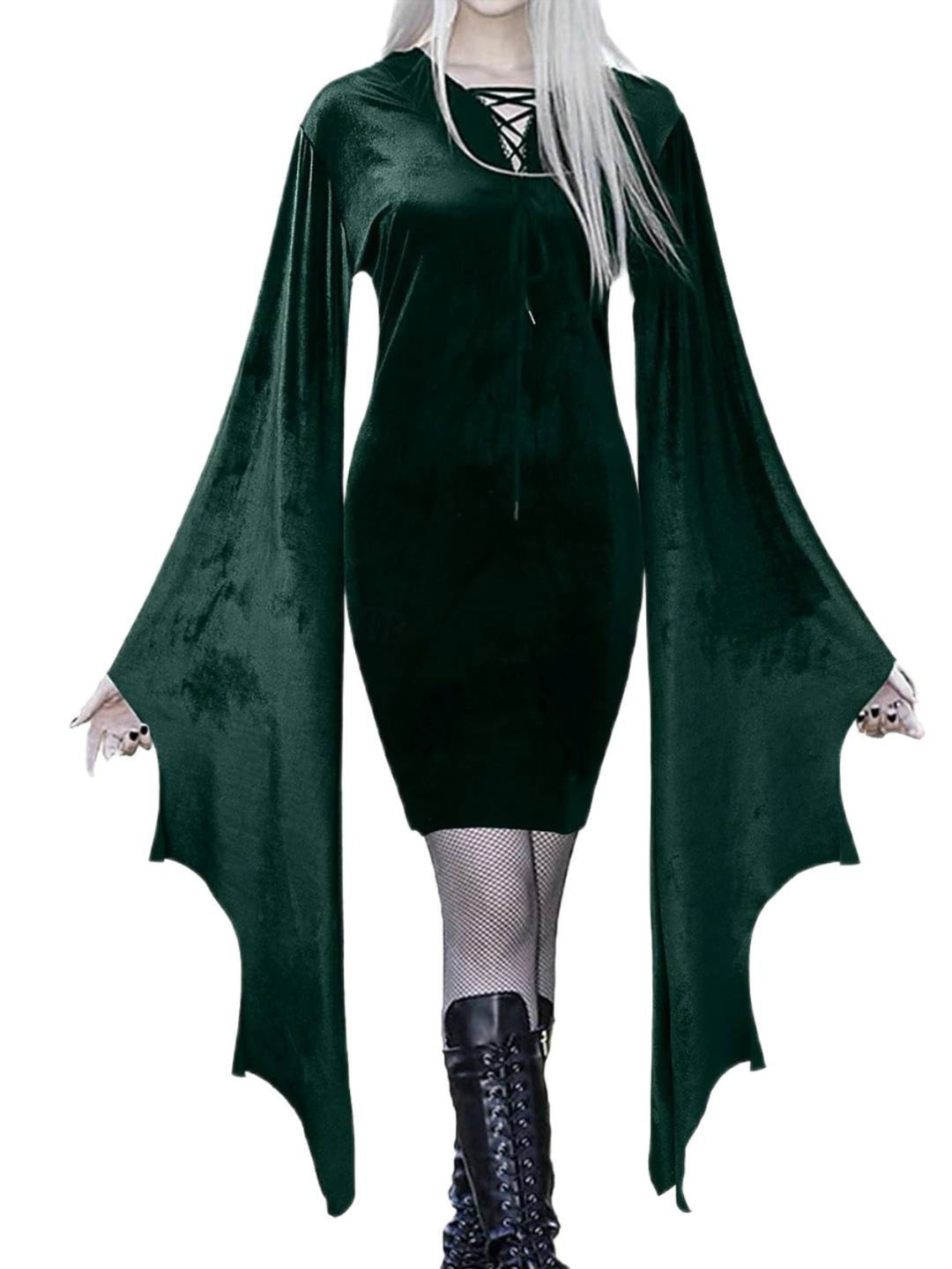 Robe Fourreau/Colonne Verte à Col en V et Manches Longues Chauve-Souris, Courte/Mini, pour Costume de Spectacle D'Halloween