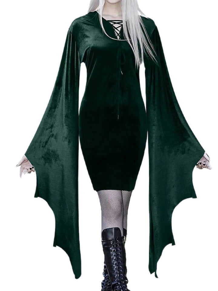 Robe Fourreau/Colonne Verte à Col en V et Manches Longues Chauve-Souris, Courte/Mini, pour Costume de Spectacle D'Halloween