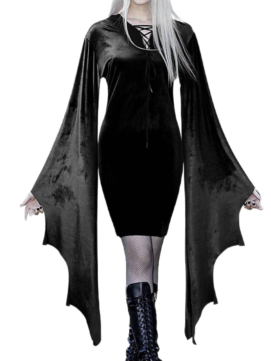 Robe Fourreau/Colonne Verte à Col en V et Manches Longues Chauve-Souris, Courte/Mini, pour Costume de Spectacle D'Halloween