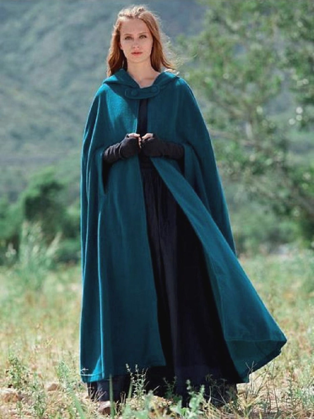 Cape Longue à Capuche Verte Foncée Vintage Médiévale pour Adulte