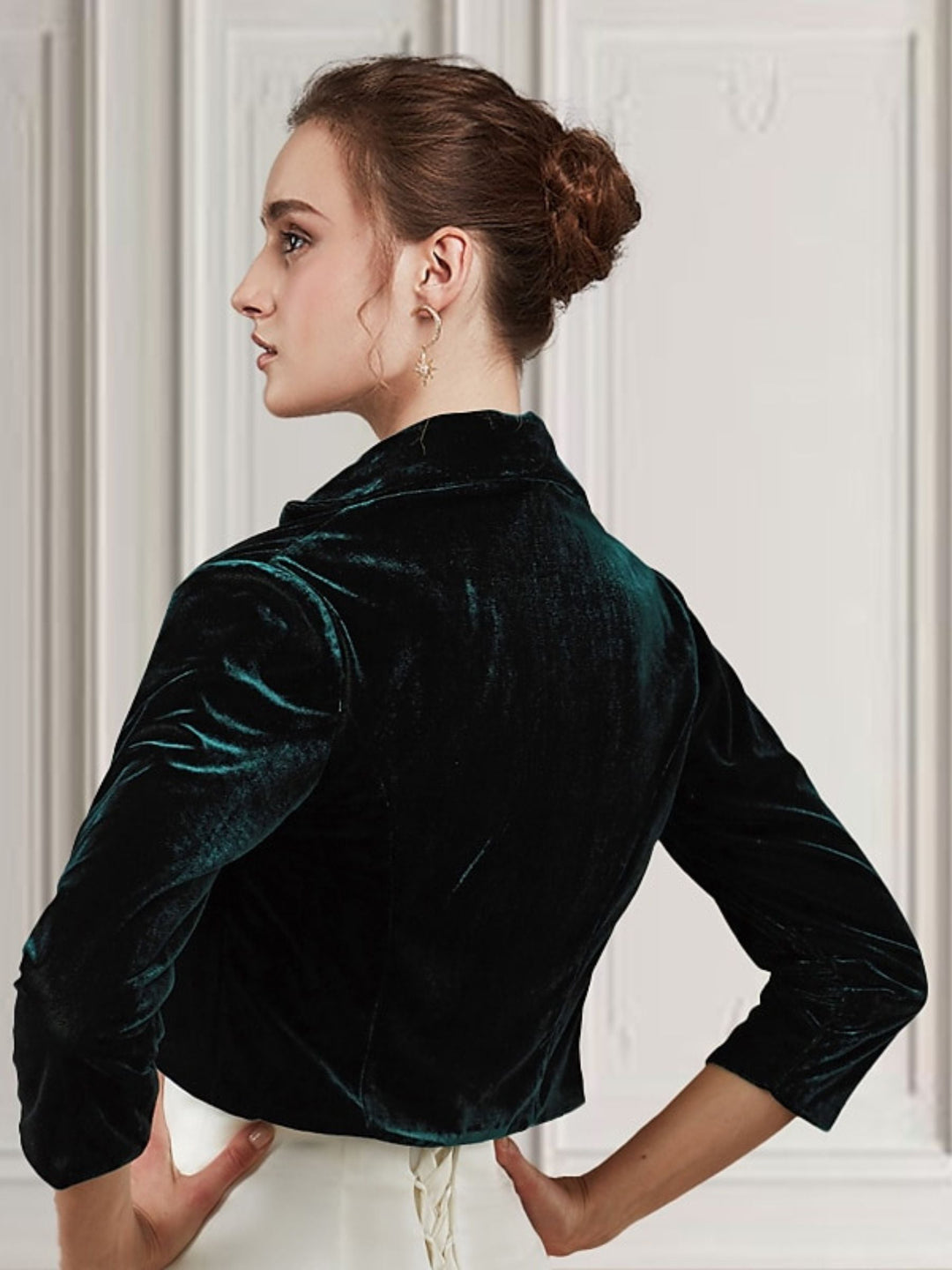 Manteaux / Vestes Élégants en Velours Vert Foncé à Manches 3/4 pour Femmes