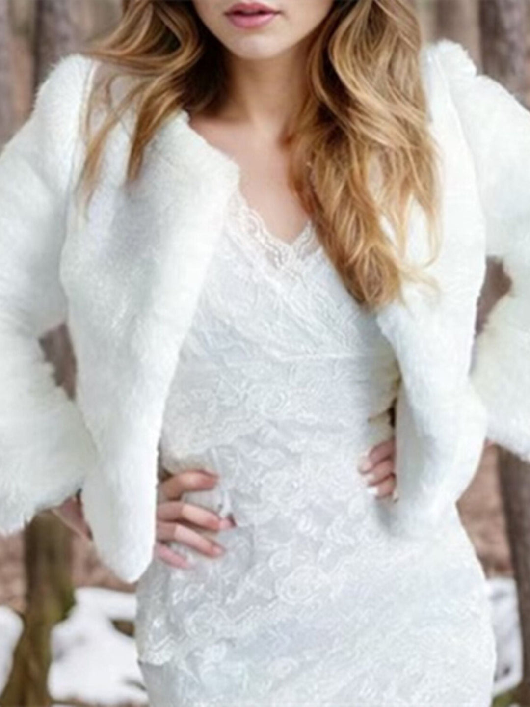 Veste Portefeuille Élégante en Fausse Fourrure à Manches Longues pour Femme, Couleur Unie, Blanche
