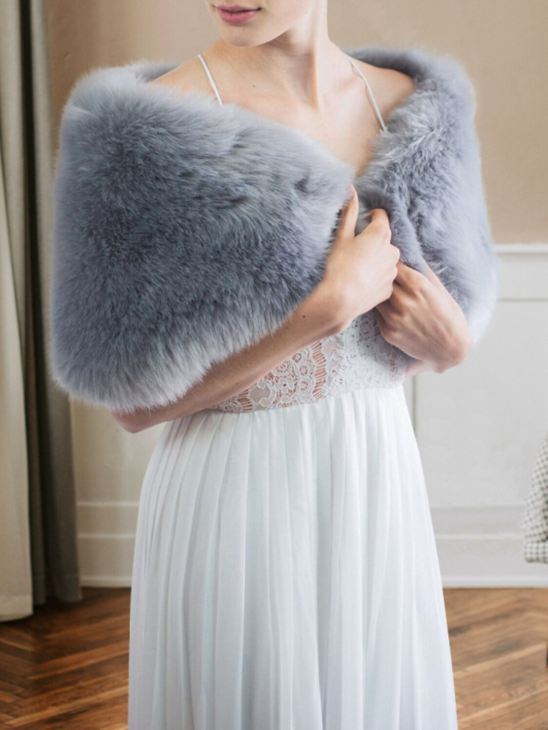 Châle Élégant en Fausse Fourrure Bleu Poudré pour Femme, Luxueux, Sans Manches