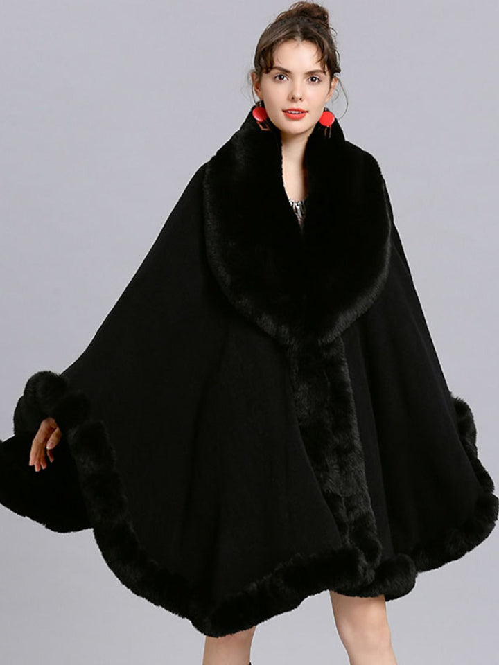 Cape Portefeuille à Manches Longues en Fausse Fourrure Blanche à la Mode pour Femmes avec Couleur Pure