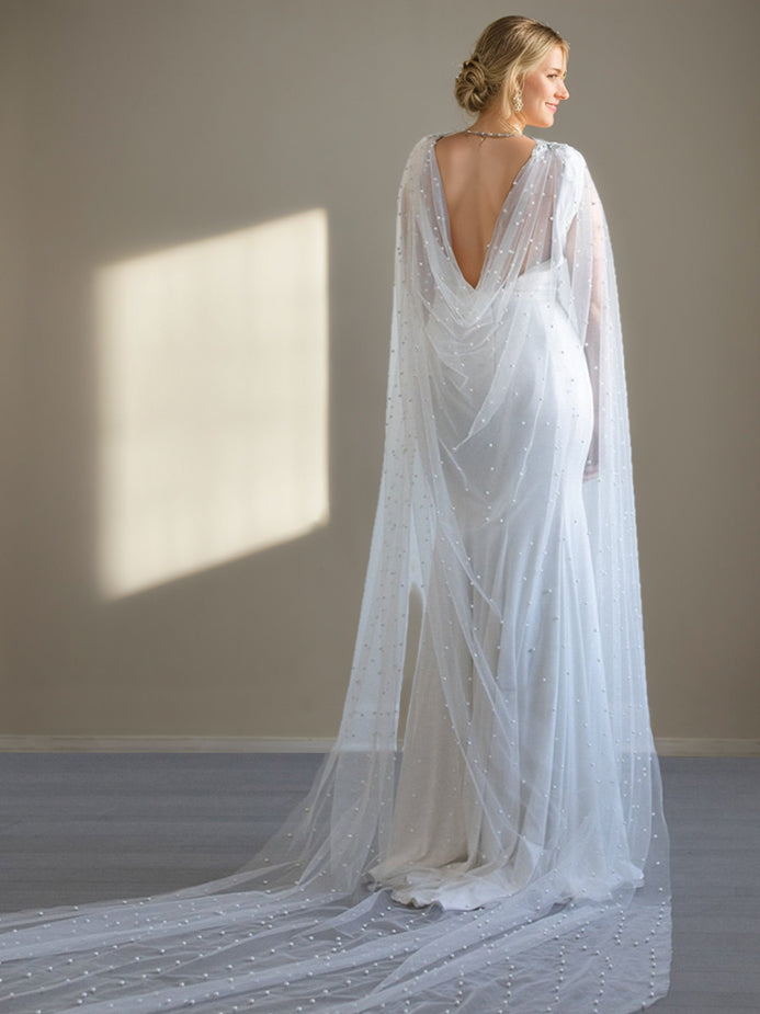 Cape en Tulle pour Femme, Sans Manches, avec Perles et Appliques