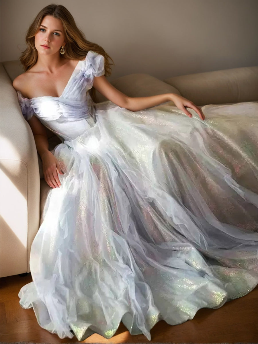 Robe soirée ligne A cœur élégante, sequins, longueur sol