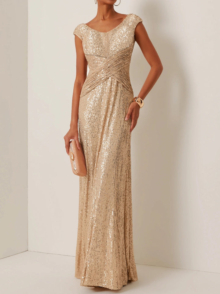 Robe soirée fourreau col rond sequins, sans manches, longueur sol