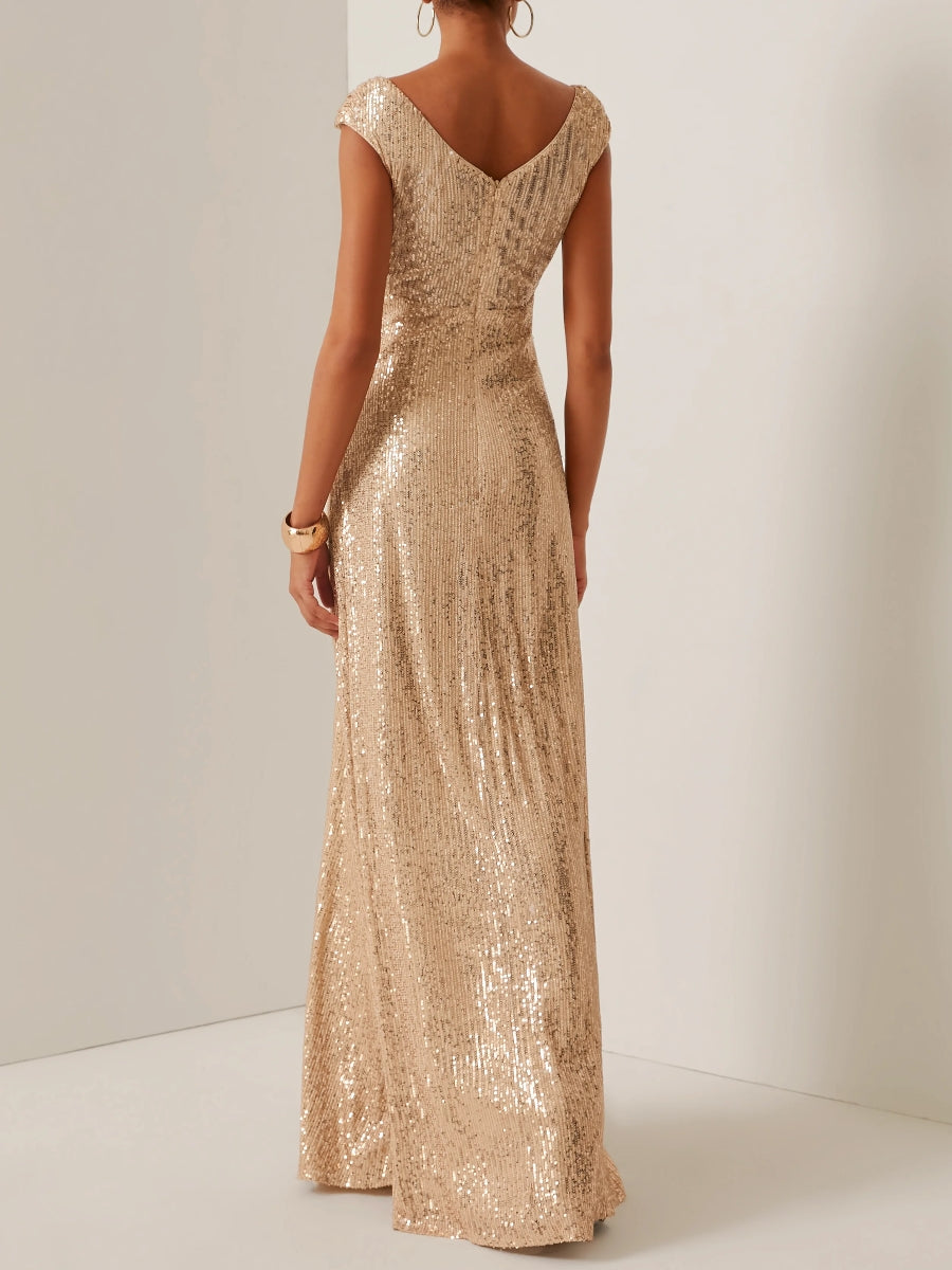 Robe soirée fourreau col rond sequins, sans manches, longueur sol