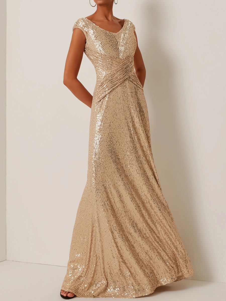 Robe soirée fourreau col rond sequins, sans manches, longueur sol
