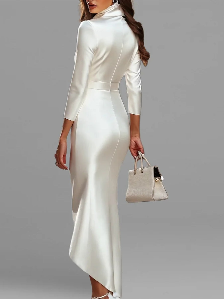 Robe cocktail fourreau col V, manches 3/4, col montant, asymétrique, longueur cheville hauteur bas différente, pour invitée de mariage