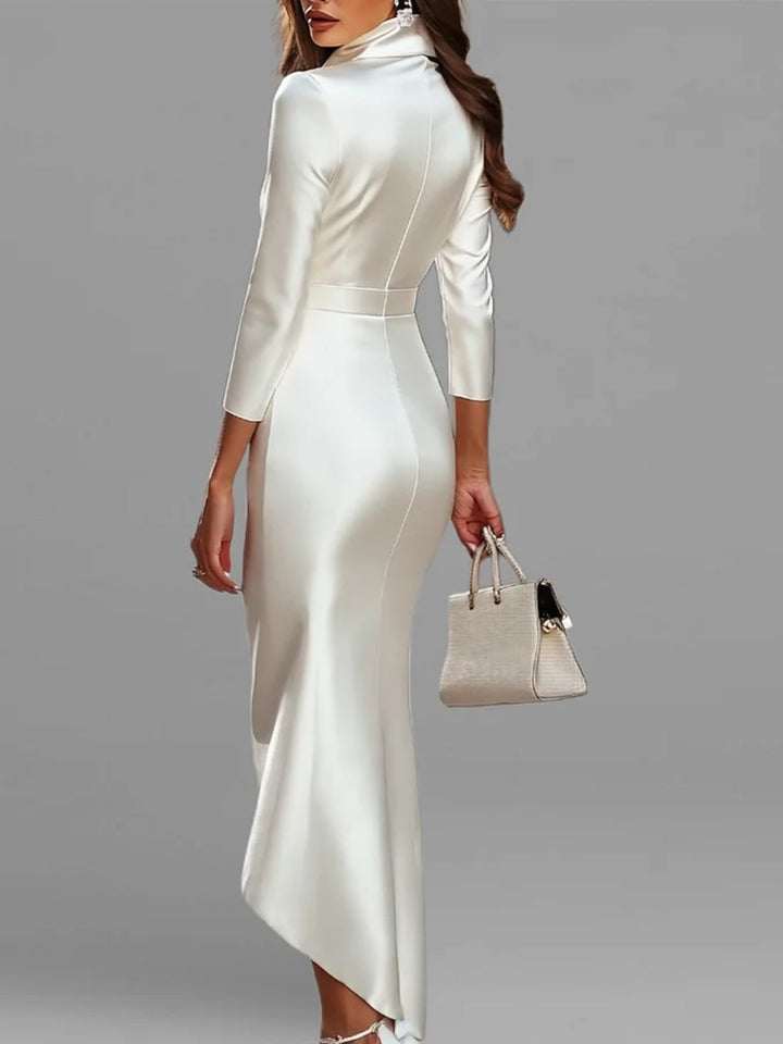 Robe cocktail fourreau col V, manches 3/4, col montant, asymétrique, longueur cheville hauteur bas différente, pour invitée de mariage