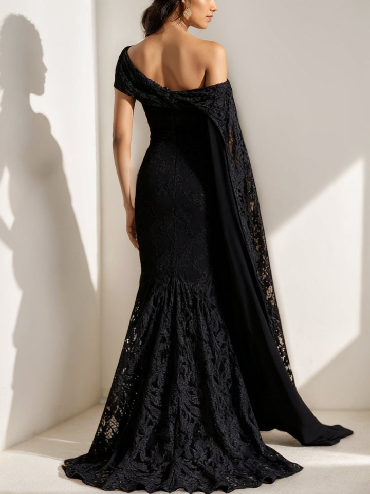 Robe soirée sirène une épaule dentelle, cape épaule