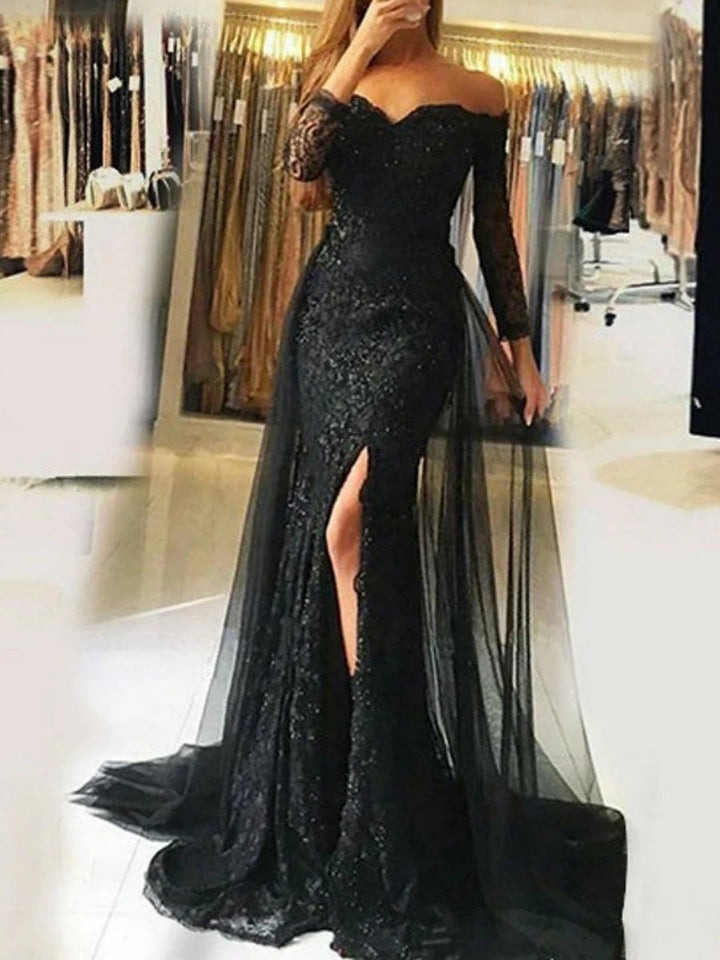 Robe soirée sirène manches tombantes, dentelle, fente devant, traîne, longueur sol
