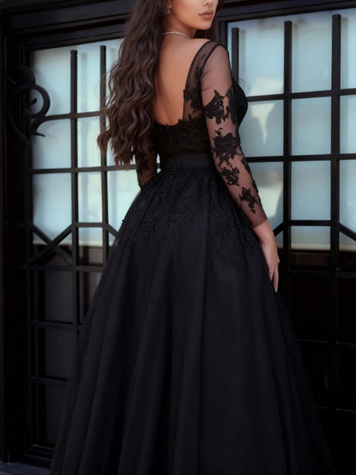 Robe soirée ligne A tulle manches longues, dentelle, fente devant, longueur sol