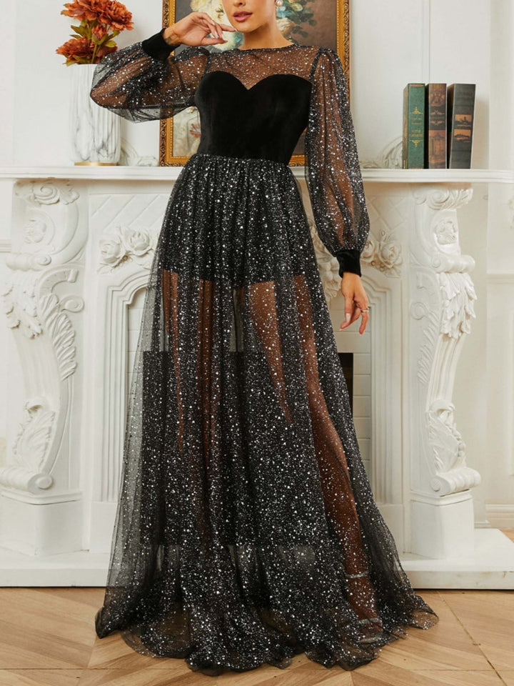 Robe soirée ligne A col rond sequins manches longues, manches transparentes, longueur sol