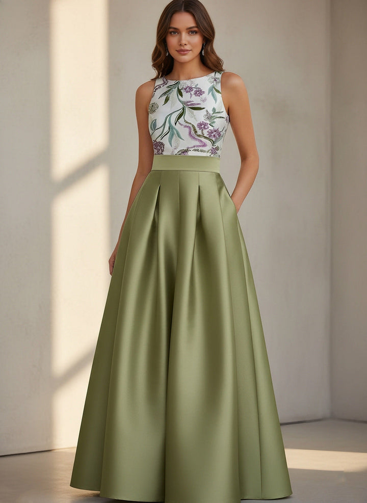 Robe soirée ligne A col rond satin sans manches floral sequins, longueur sol